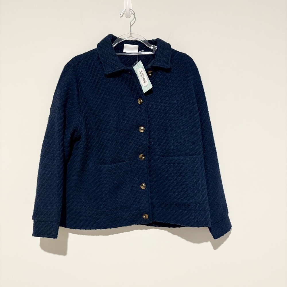 National wool button front pocket Jacket Shacket navy blue size petite Large